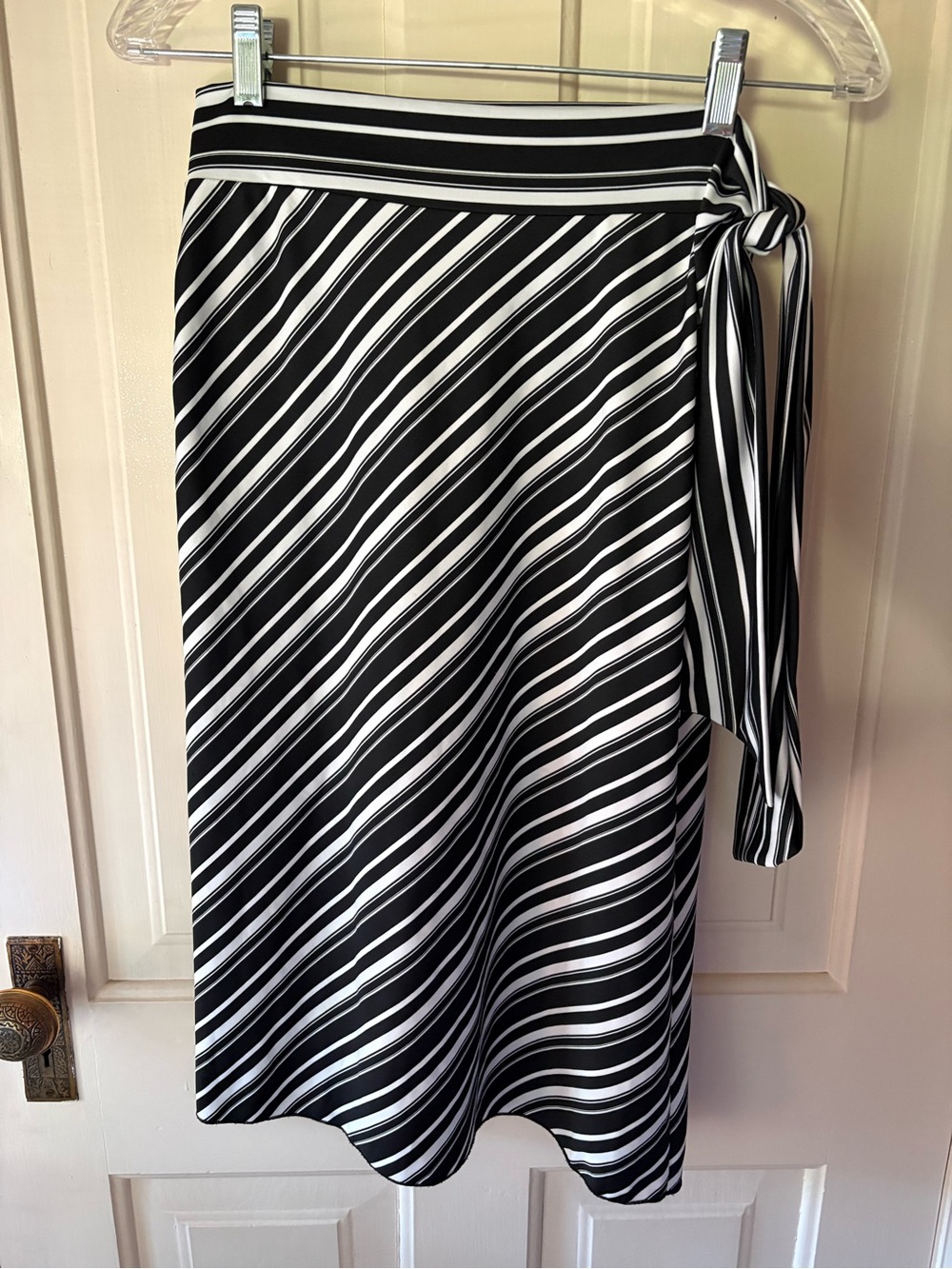 Black & White Diagonal Stripe Midi Skirt with Side Tie